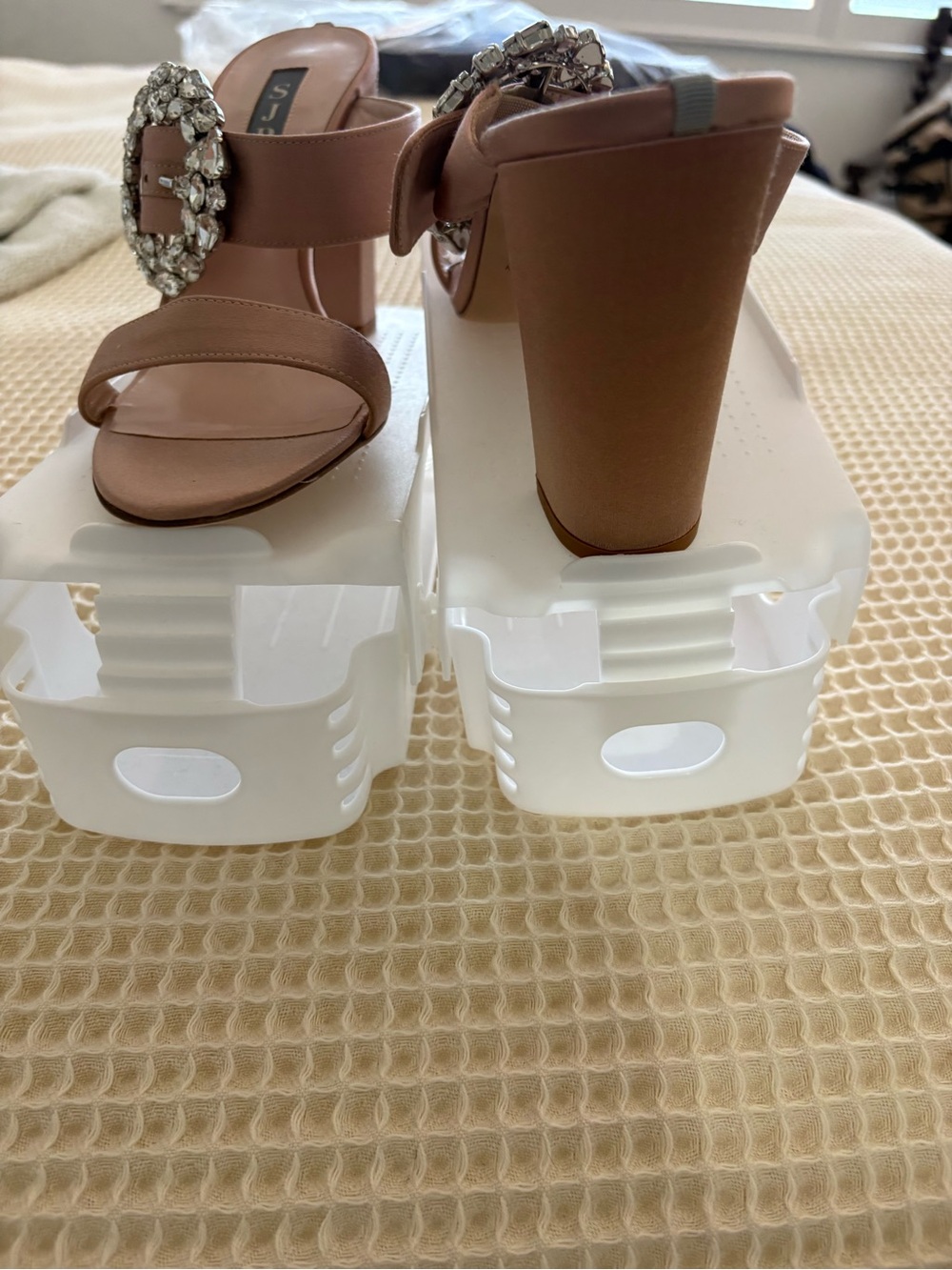 Embellished Tan Block Heel Sandals - Women's